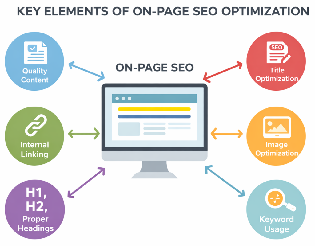 Key elements of on-page SEO optimization, including content quality, keyword usage, internal linking, title optimization, image optimization, and proper heading structure